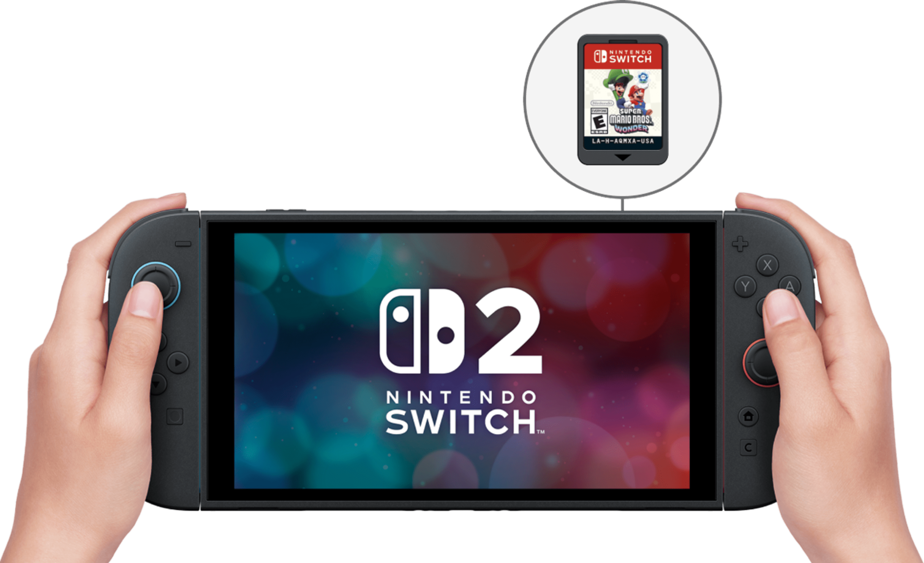 Nintendo Switch 2 console official photo showing magnetic Joy-Con controllers and larger display