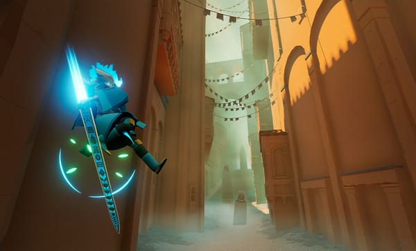 Sword of the Sea atmospheric surfing adventure gameplay screenshot showing the Wraith character on hoversword